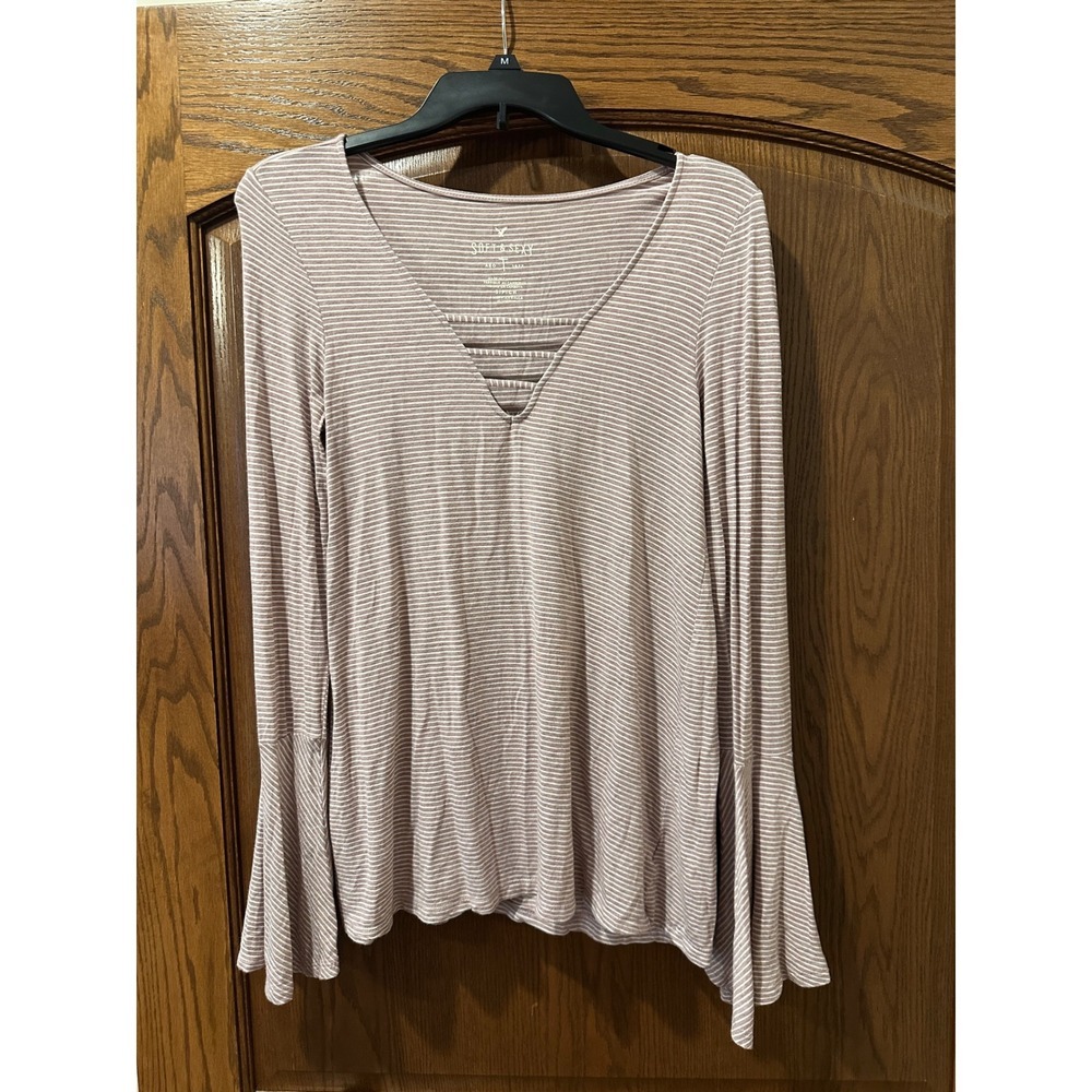 American Eagle AEO Soft‎ & Sexy Striped Bell Sleeve V Neck Top
